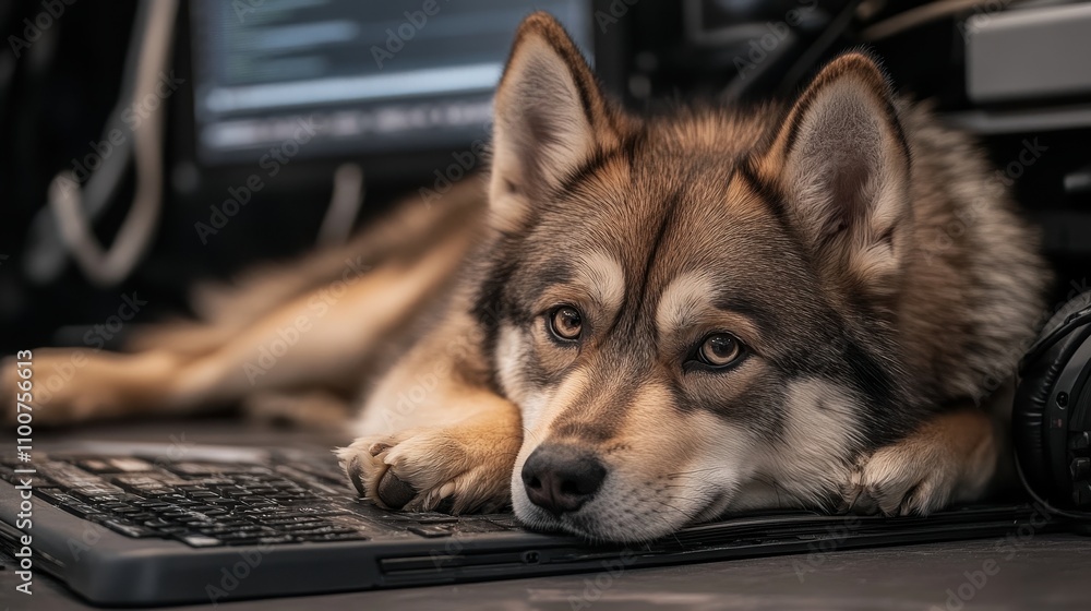 Poster a dog rests its head on a computer keyboard, surrounded by tech equipment, embodying a cozy yet tech