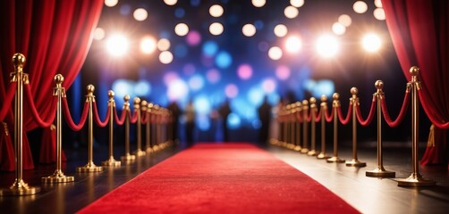 Red carpet on stage with lights, people at VIP entrance celebrating success in a luxurious, glamorous Hollywood atmosphere, showcasing teamwork, fame, and entertainment