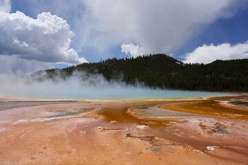 Landscape Ground View of Grand Prismatic Spring at Yellowstone National Park