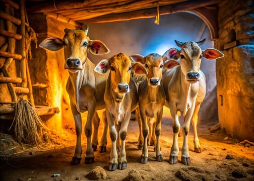 Serene Night in Indian Village: Badri Cow Calf Resting Inside Mud Hut, Capturing the Essence of Rural Life and Livestock Care in a Traditional Household Setting