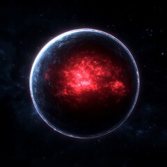 Fiery planet core glowing red in dark space.