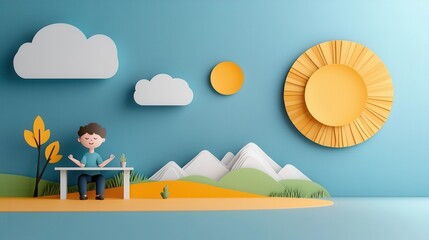 Papercraft Landscape with Mountainous Scenery Sun and Clouds in a Serene Digital This visually striking paper based scene features a peaceful idyllic environment with a paper cut style design