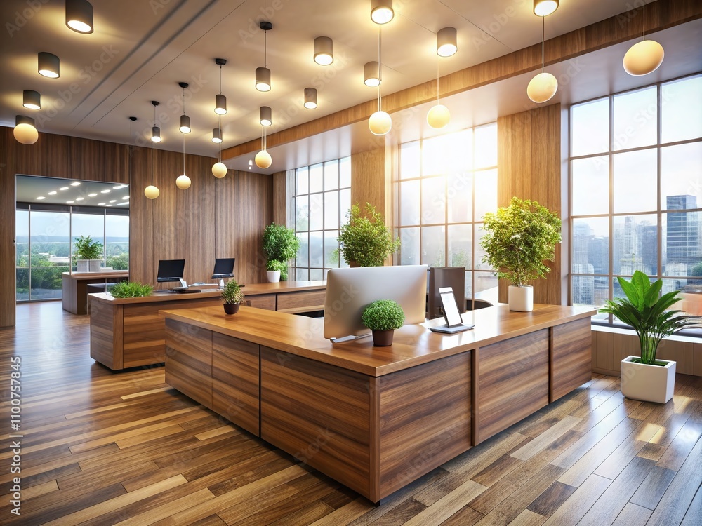 Poster serene office hall with wooden reception desk and computers, inviting workspace with bokeh effect fo