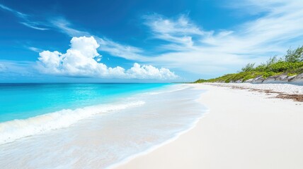 Tranquil beach scene with white sand and clear turquoise water under bright blue sky