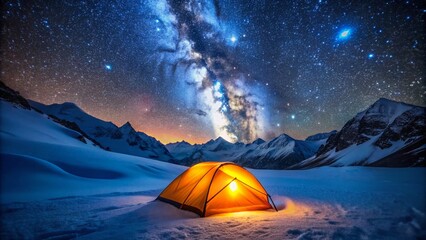 Serene Orange Tent Nestled Under a Beautiful Starry Sky on a Snow-Covered Mountain, Perfect for Winter Adventure and Camping Photography