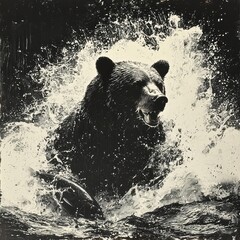 Bear Splashing in Water, Black and White Art