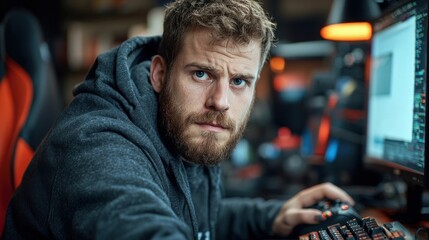 Closeup portrait of a bearded young man intently focused on the computer screen in his office workplace appearing pensive analytical and resolute as he tackles a challenging task or problem