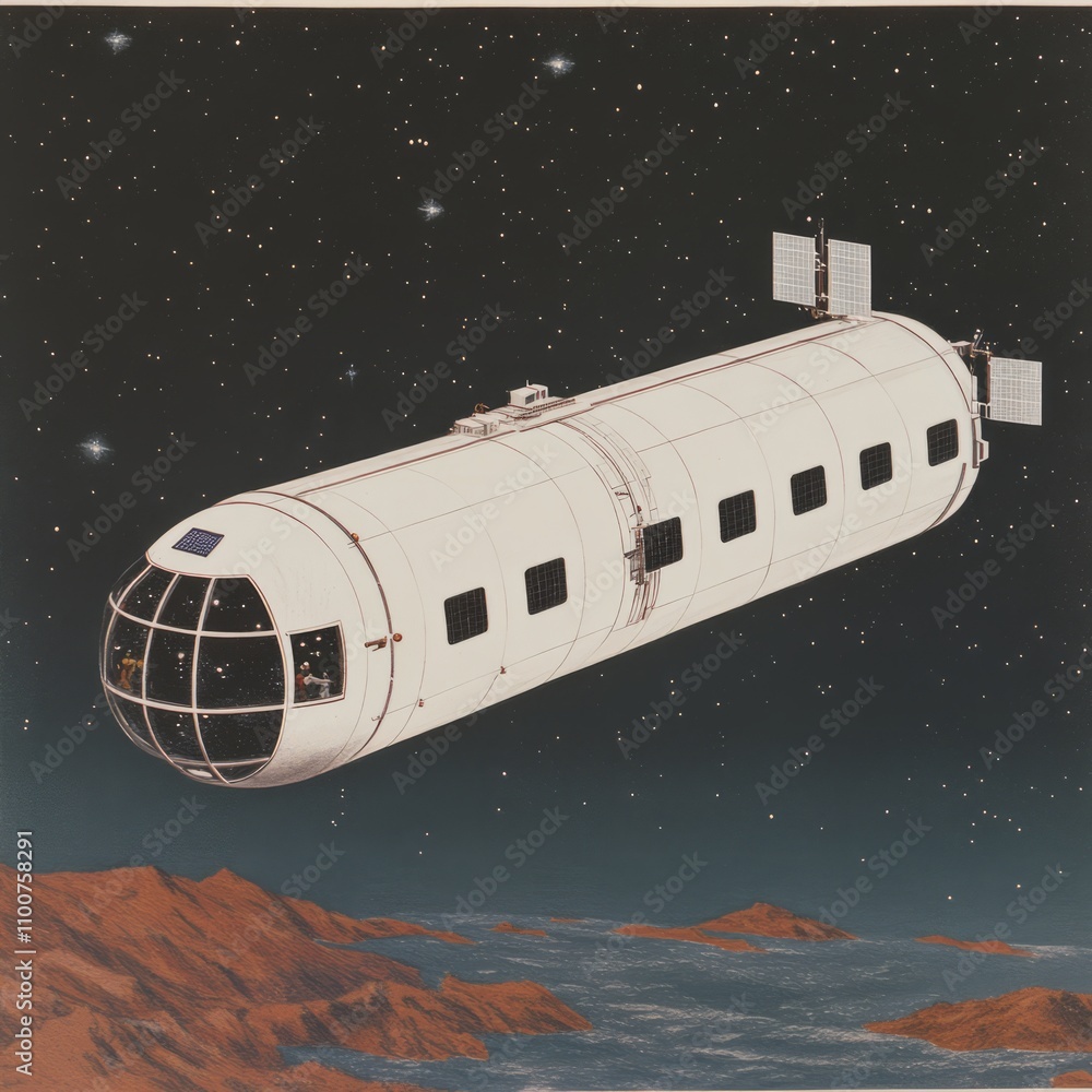 Poster futuristic spacecraft orbiting a red planet, featuring a cylindrical design with multiple windows an