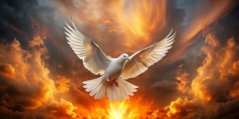 Fototapeta premium Serene Pentecost Sunday Scene with a White Dove in Flames, Symbolizing the Holy Spirit's Descent on Apostles and Followers, Captured in Low Light Photography