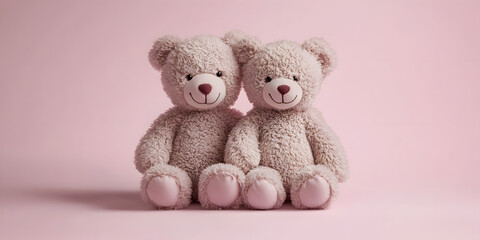 Cute Teddy Bears on Pink Background, Perfect for Valentine's Day, Cute Plush Toy Duo for Valentine's Day, Soft Teddy Bear Couple