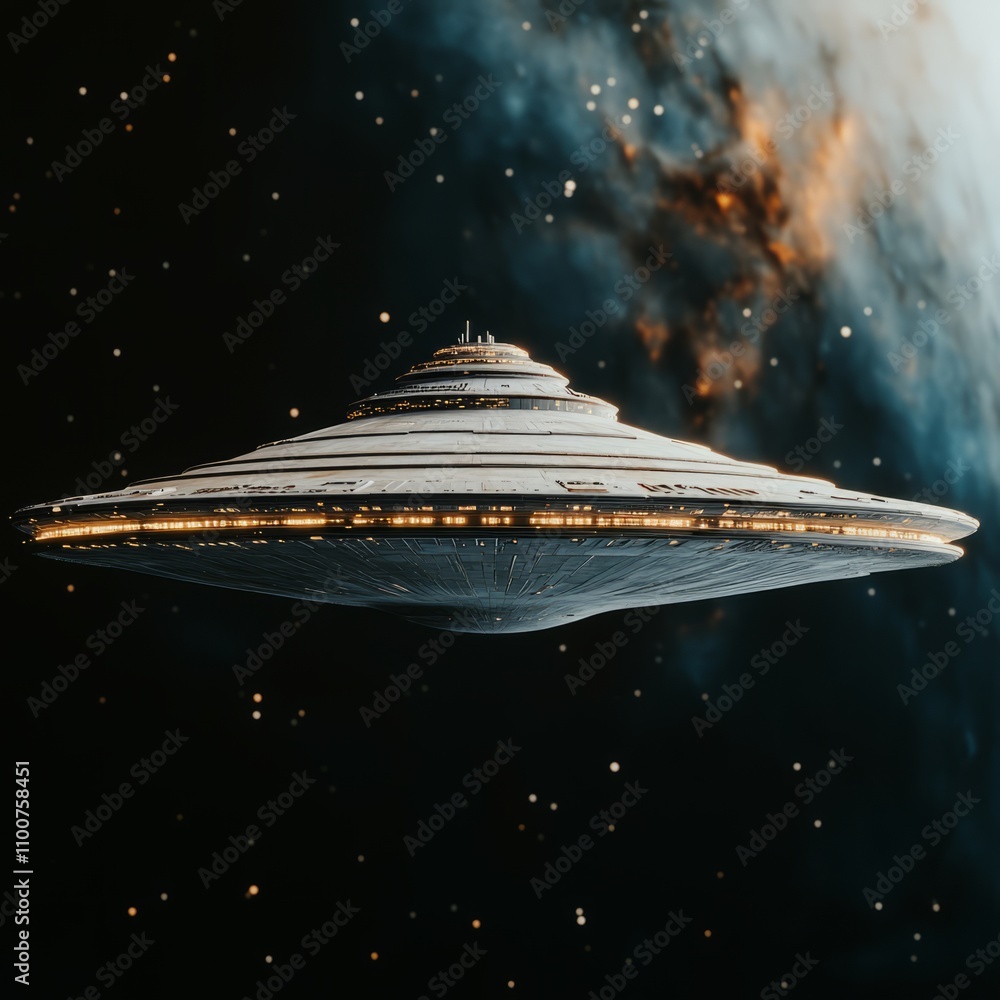 Poster futuristic spaceship hovering in space near nebula.