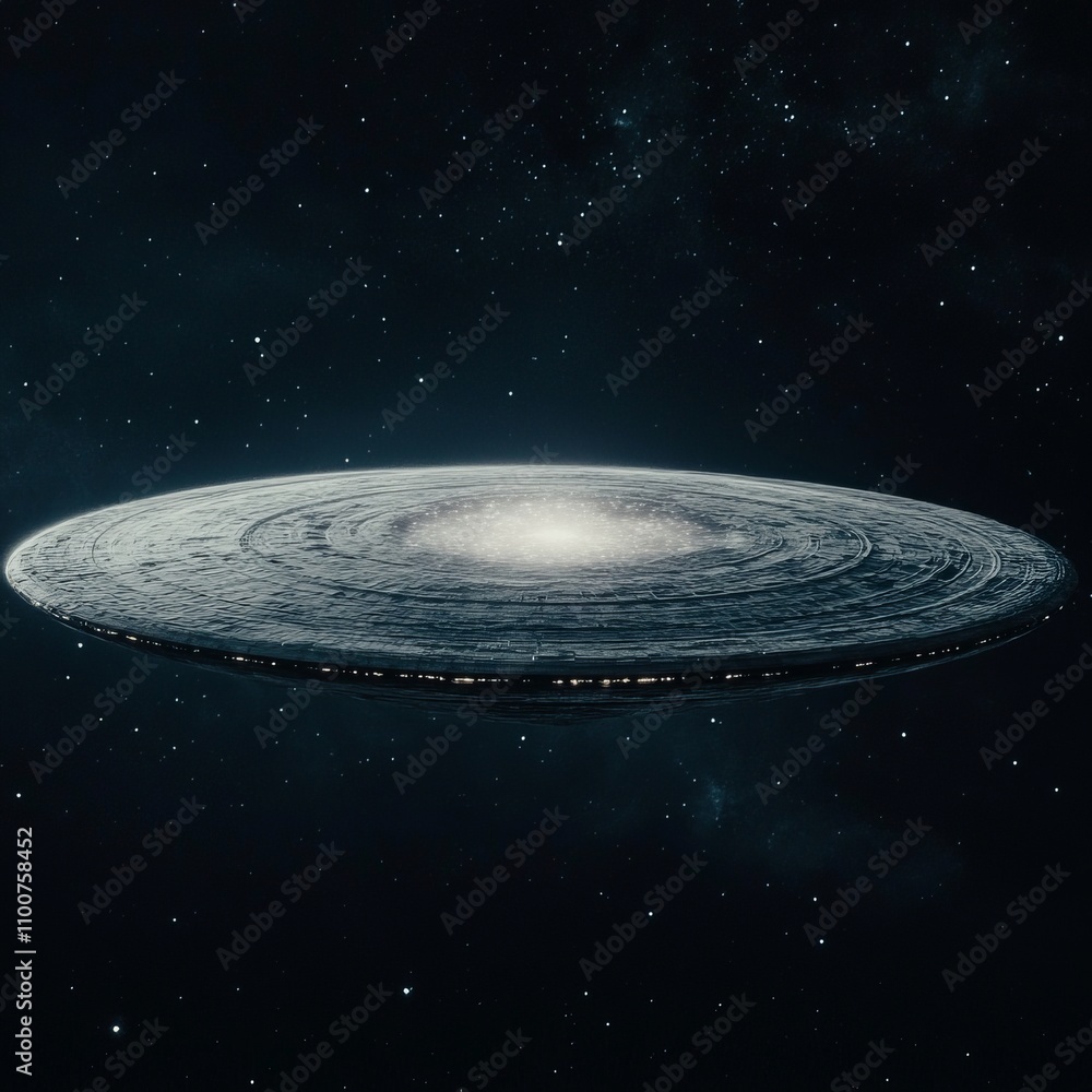 Poster futuristic spaceship hovering in deep space, illuminated core.