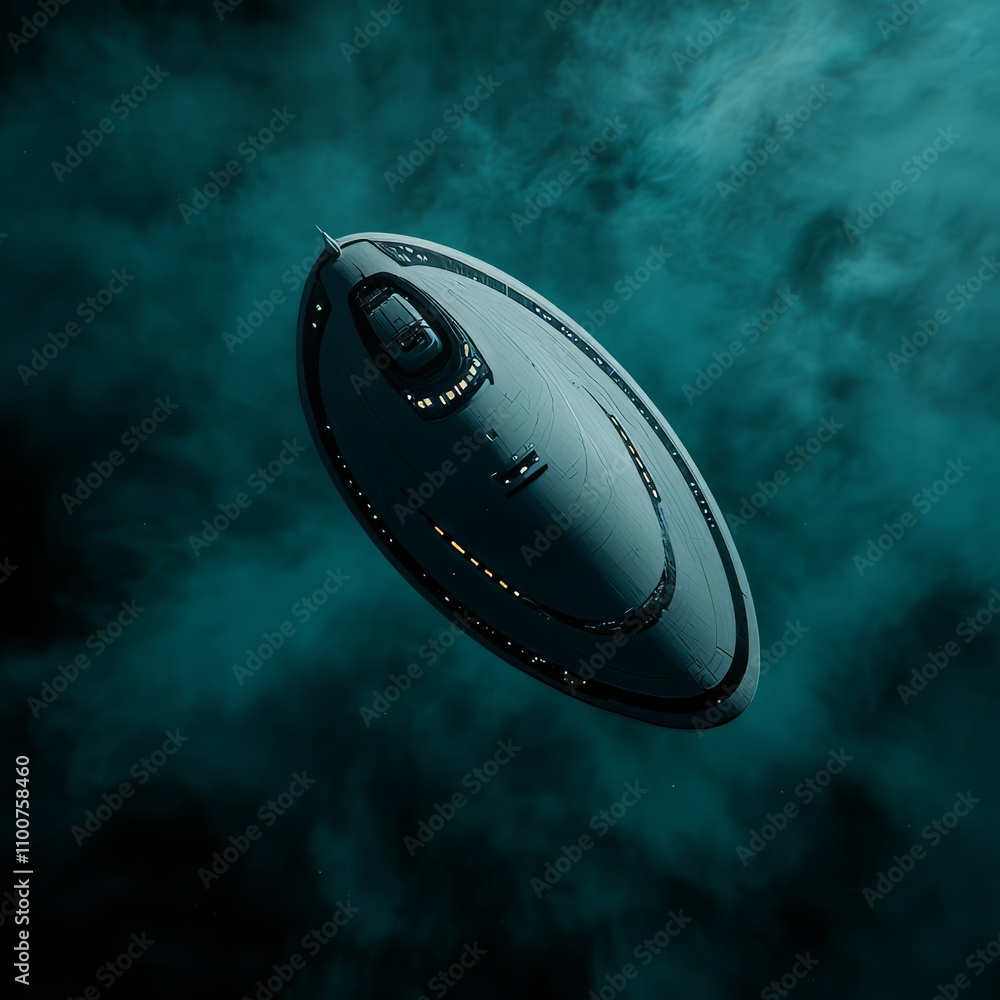 Poster futuristic spaceship hovering in a nebula.