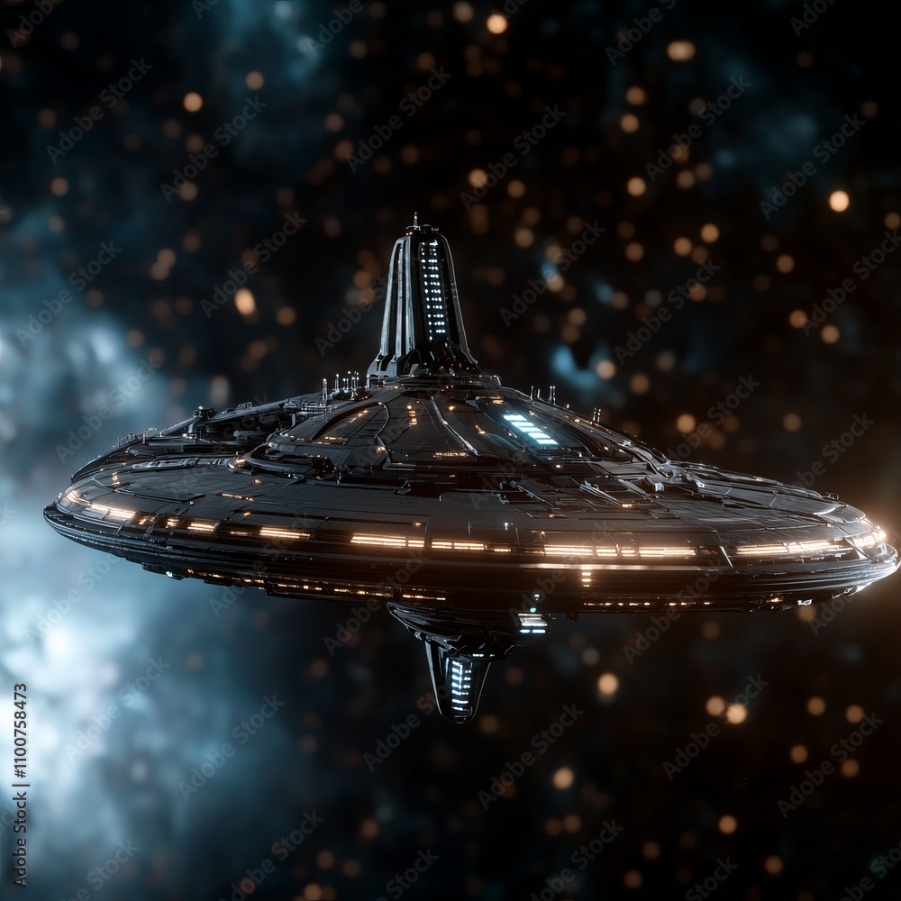 Poster futuristic spaceship hovering in space, surrounded by stars and nebula.