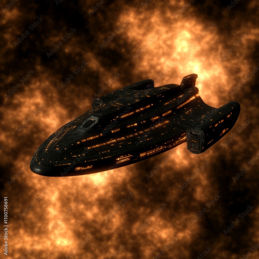 Poster futuristic spaceship soaring through a fiery nebula.