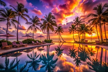 Fototapeta premium Serene Sunset Over an Opulent Beachside Pool Surrounded by Lush Tropical Palms and Soft Beach Sand, Creating a Luxurious Escape for Relaxation and Indulgence