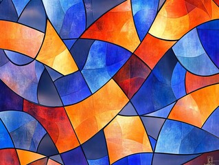 Fototapeta premium Abstract Stained Glass, geometric patterns in shades of blue and orange on a dark background