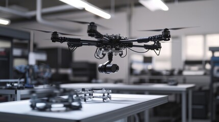 A robot assembling intricate components in a clean, high-tech drone manufacturing lab with organized assembly stations and advanced robotic arms, Drone assembly tech style