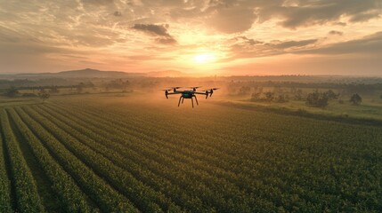 Fototapeta premium A drone flies over lush green fields at sunset, capturing stunning aerial views and showcasing agricultural innovation in a serene landscape.