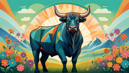 Majestic Bull in Geometric Floral Meadow Sunrise Landscape