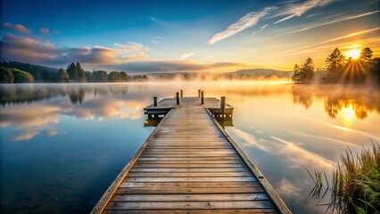 Fototapeta premium Serene Wooden Pier Stretching into a Misty Lake at Sunrise - Captivating Early Morning Scene with Soft Light and Tranquil Atmosphere