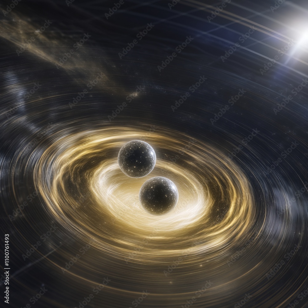 Poster two binary black holes spiraling into each other, creating a swirling accretion disk.