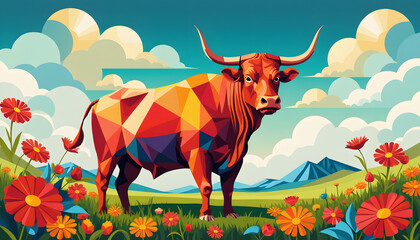 Geometric Bull in Flower Meadow  Low Poly Animal Art