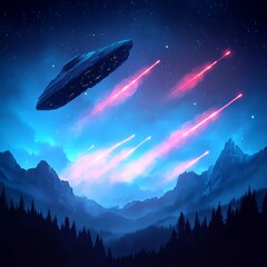 Fototapeta premium UFO over mountain range at night, firing beams.