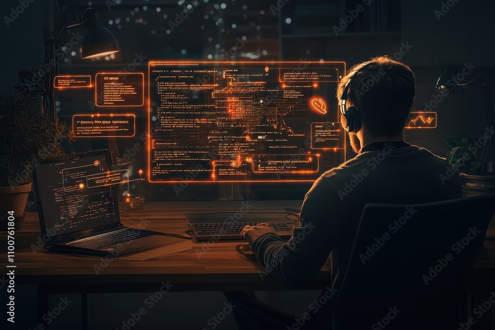 Poster a person with headphones sits at a desk, focused on a glowing screen filled with code and data, in a
