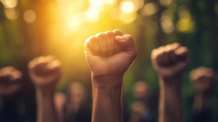 Empowering Raised Fists Symbolizing Unity, Strength, and Protest Against Injustice in a Sunlit Outdoor Environment Filled with Hope and Determination