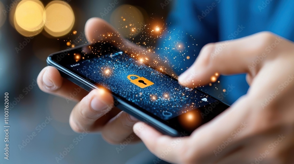 Wall mural closeup of a person s hands holding and using a glowing illuminated smartphone device representing t