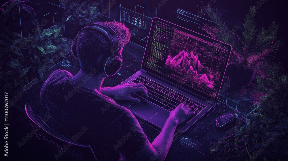 Poster a person is engaged in programming on a laptop in a dark, neon-lit environment, surrounded by green 