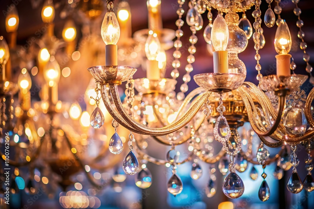 Poster shimmering crystal chandelier with glittering abstract background in high depth of field for elegant