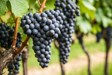 Clusters of ripe dark grapes hanging on a vine in a vineyard.
