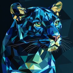 Abstract geometric vector art of an elegant panther, in the style of blue and teal colors