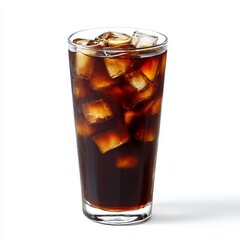A tall glass filled with dark brown liquid and ice cubes.