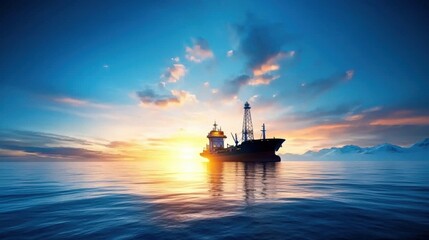 Fototapeta premium Offshore oil drilling platform silhouetted against a stunning sunset over the calm ocean creating a dramatic and atmospheric seascape with a beautiful cloudscape in the background