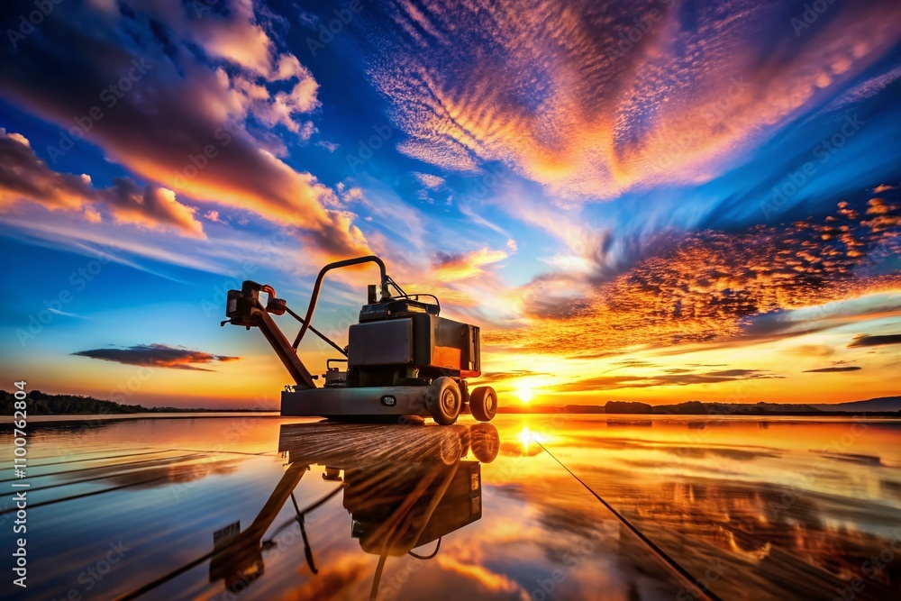 Poster silhouette of a floor sanding machine in action against a sunset background, capturing the essence o