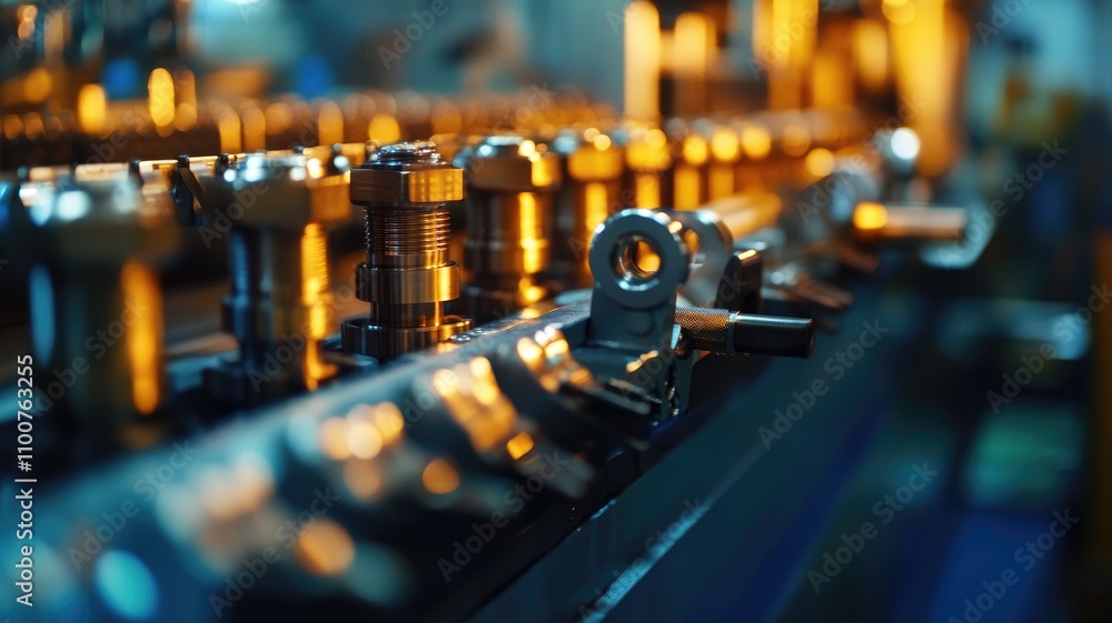 Poster rows of metallic machine parts glint under bright lighting in factory setting