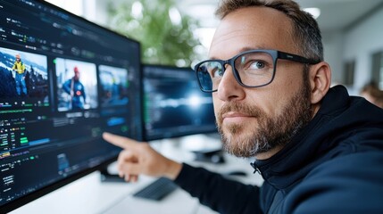 Fototapeta premium Bearded male professional with eyeglasses sitting at his desk and editing video footage using multiple computer screens in a modern office workspace The man appears to be a video editor