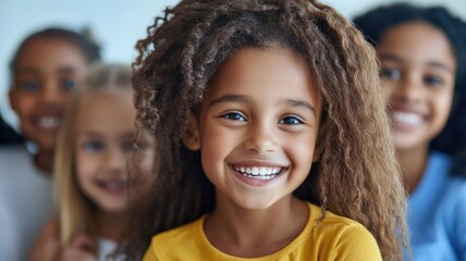 Fototapeta premium Smiling African American girl with curly hair in group of children, joyful expressions