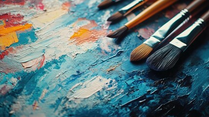 Obraz premium Colorful abstract painting with brushes, showcasing expressive brushstrokes