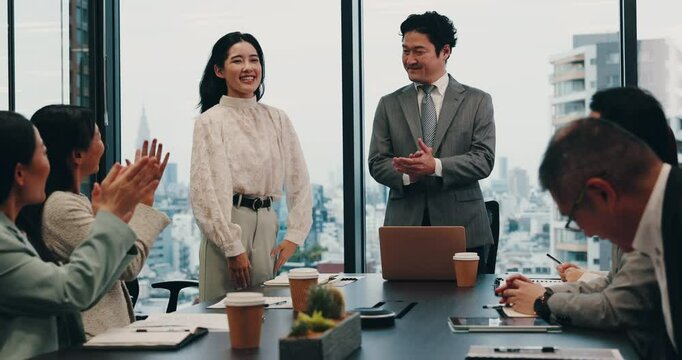 Business people, welcome and bow in office for meeting, applause and thank you with international deal. Japan, partnership and communication for success, victory or introduction with company director
