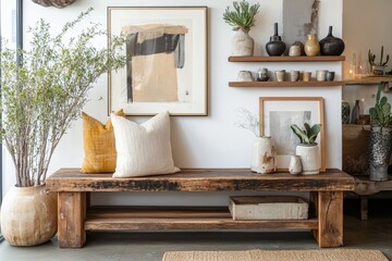 A rustic wooden bench with two pillows and a vase with dried flowers sits in front of a white wall with two framed prints, a shelf with plants and vases.