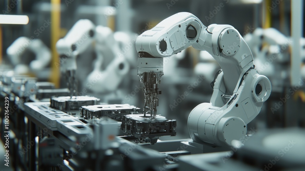 Poster automated robotic arms assembling parts on a factory production line.