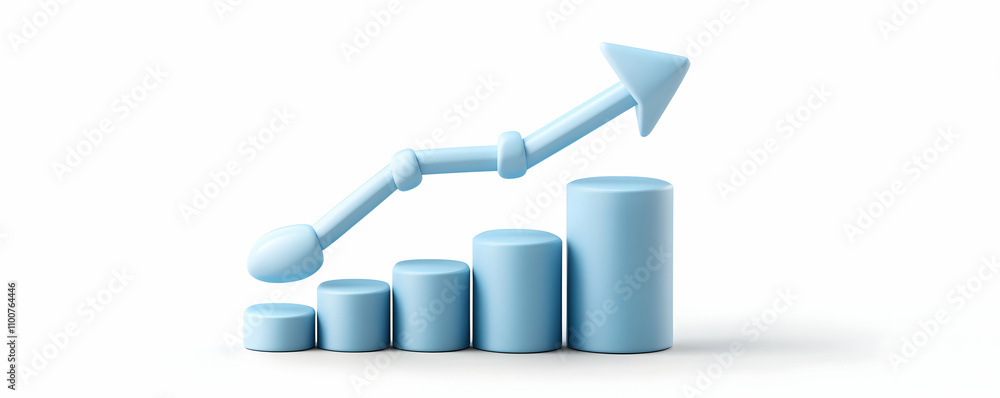 Poster abstract blue growth chart, illustrative 3d bar graph with upward arrow representing progress and su