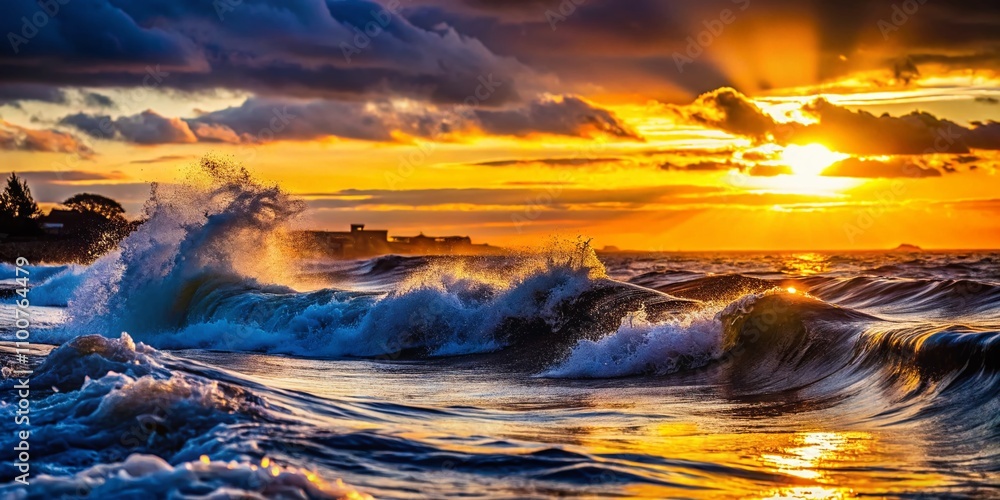 Poster Silhouette of Waves Colliding at High and Low Tide, Capturing the Dynamic Interaction of River and Sea in Breathtaking Light and Shadow Play