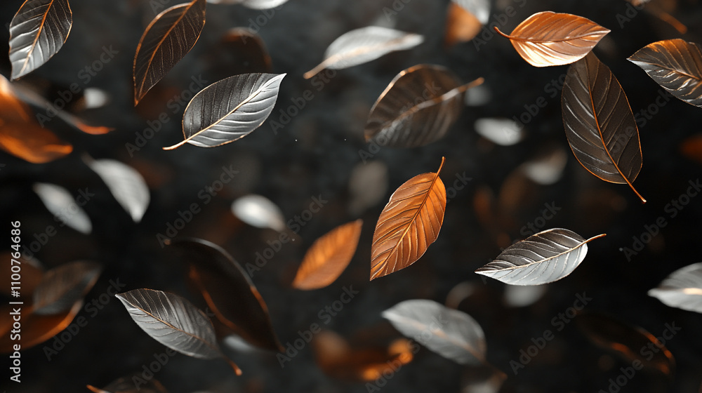 Poster colorful leaves swirling in mid-air against a dark background creating a dynamic visual effect