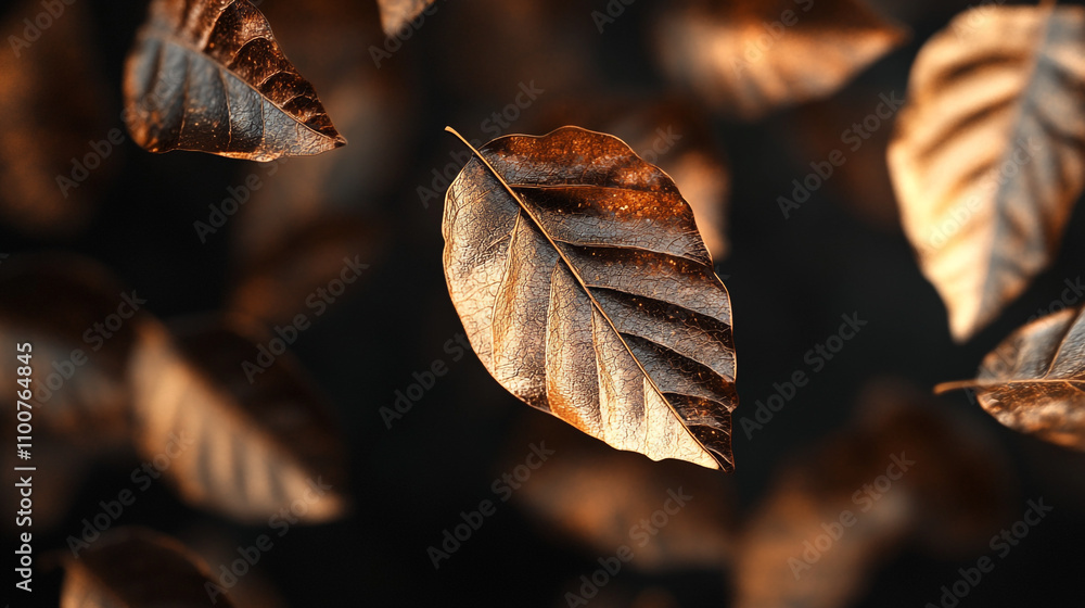 Poster floating autumn leaves creating a serene atmosphere in a dark setting