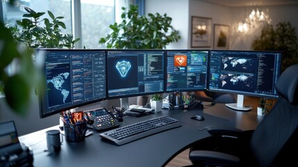 Naklejka premium Highly equipped digital workspace with multiple computer screens devices and interfaces displaying data analytics and intelligence information for business finance